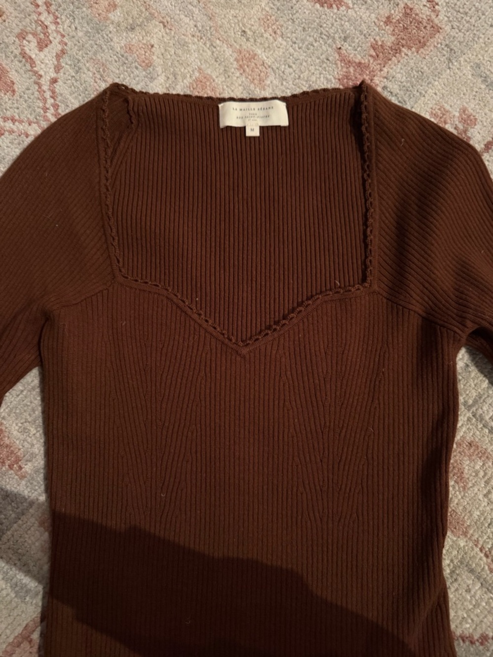 Sezane Chocolate Brown Ribbed V-Neck Sweater